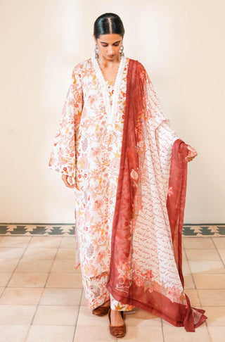 Shopmanto UK, manto UK, manto pakistani clothing brand, urdu calligraphy clothes, manto UK ready to wear three piece off white and maroon Gulnaar (fruit flora) coord set with long kurta shirt and culotte wide leg pants and dupatta for women