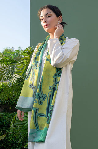 Shopmanto UK, manto pakistani clothing brand, urdu calligraphy clothes, manto UK ready to wear one piece husn (beauty) shaded green silk stole scarf for women, pakistani urdu silk stole scarf