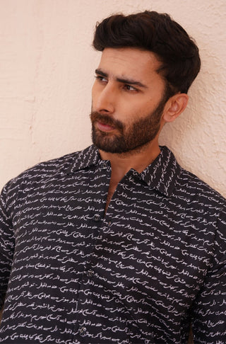 Shopmanto UK, Pakistani urdu calligraphy clothing brand manto UK ready to wear one piece markhor (majestic mountain king) black button down textured over shirt