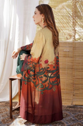 Shopmanto UK, Pakistani urdu calligraphy clothing brand manto UK ready to wear one piece shades of sunset noor (light of grace) women long shrug outerwear cape crepe silk