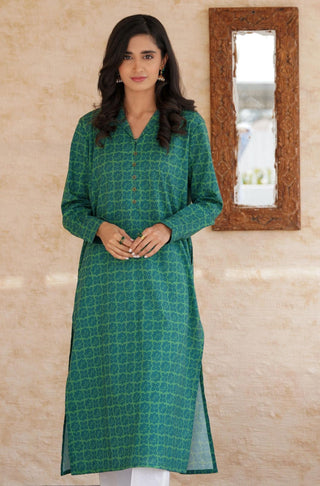 Manto UK Women's Ready to Wear Lawn Cotton Yaqeen Long Kurta Shirt Teal Green Featuring Urdu Calligraphy