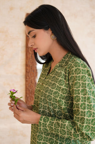 Manto UK Women's Ready to Wear Lawn Cotton Yaqeen Long Kurta Shirt Olive Green Featuring Urdu Calligraphy