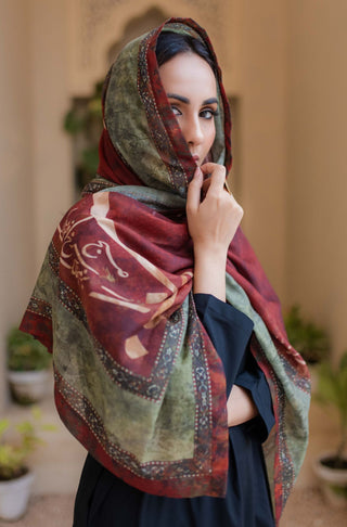 Shopmanto UK, manto UK, manto pakistani clothing brand, urdu calligraphy clothes, manto UK ready to wear falak (sky) shades of leaves urdu scarf, pakistani urdu hijab friendly scarf