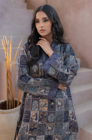 Shopmanto UK, Pakistani urdu calligraphy clothing brand manto UK ready to wear one piece jugnu (firefly) imperial blue long shirt kurta