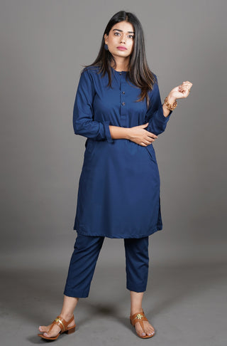 Shopmanto UK, Pakistani urdu calligraphy clothing brand manto UK ready to wear two piece midnight blue wash n wear lucknow coord set with long shirt and straight pants