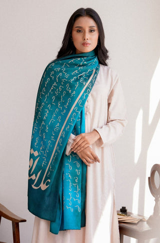 Shopmanto UK, Pakistani urdu calligraphy clothing brand manto UK ready to wear one piece textured karvaan (explorers) teal stole muffler scarf