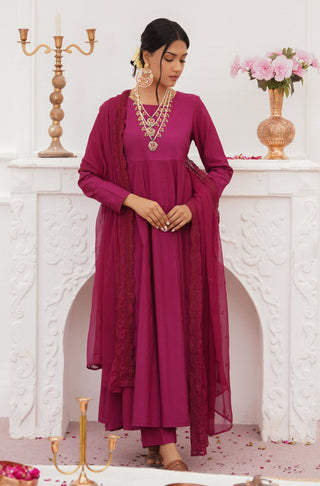 Shopmanto UK, manto UK, manto pakistani clothing brand, urdu calligraphy clothes, gown with dupatta, manto UK ready to wear three piece wine red jahaan (universe) anarkali coord set with long frock with pockets straight pants and chiffon dupatta for women, festive collection pakistani clothes