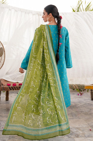 Shopmanto UK, Pakistani urdu calligraphy clothing brand manto UK ready to wear women three piece printed cotton qadr (value of appreciation) Turquoise Blue and Fern Green coord set with Turquoise Blue printed long shirt kurta printed straight pants and Fern Green shawl dupatta scarf