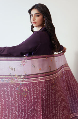 Shopmanto UK, Pakistani urdu calligraphy clothing brand manto UK ready to wear one piece cotton silk phool (flower) plum and lilac women long shawl odhni scarf unisex