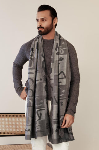 Shopmanto UK, manto pakistani clothing brand, urdu calligraphy clothes, manto UK ready to wear jazba (passion) grey pakistani urdu weaved stole scarf