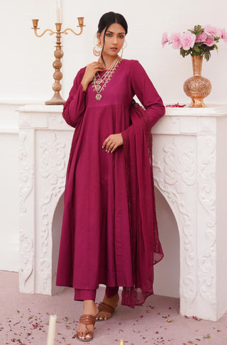 Shopmanto UK, manto UK, manto pakistani clothing brand, urdu calligraphy clothes, gown with dupatta, manto UK ready to wear three piece wine red jahaan (universe) anarkali coord set with long frock with pockets straight pants and chiffon dupatta for women, festive collection pakistani clothes