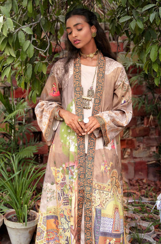 Shopmanto UK, Pakistani urdu calligraphy clothing brand manto UK ready to wear one piece kahaani (tale of love) grey sand outerwear long shrug cape