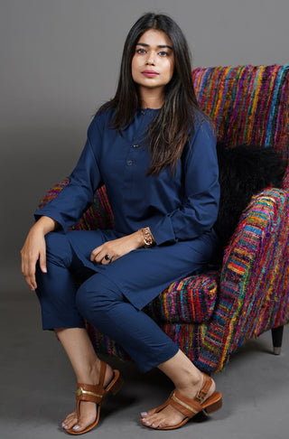 Shopmanto UK, Pakistani urdu calligraphy clothing brand manto UK ready to wear two piece midnight blue wash n wear lucknow coord set with long shirt and straight pants