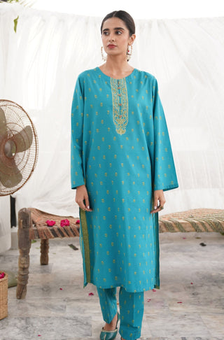 Shopmanto UK, Pakistani urdu calligraphy clothing brand manto UK ready to wear women three piece printed cotton qadr (value of appreciation) Turquoise Blue and Fern Green coord set with Turquoise Blue printed long shirt kurta printed straight pants and Fern Green shawl dupatta scarf