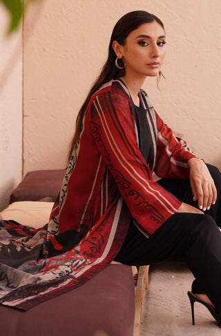 Shopmanto UK, Pakistani urdu calligraphy clothing brand manto UK ready to wear women one piece printed qudrat (wonders of nature) red front open outerwear shrug