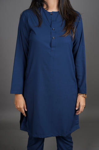 Shopmanto UK, Pakistani urdu calligraphy clothing brand manto UK ready to wear two piece midnight blue wash n wear lucknow coord set with long shirt and straight pants