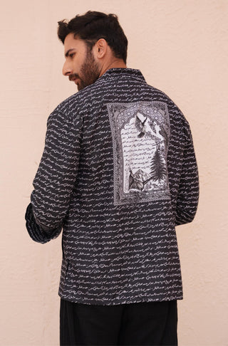 Shopmanto UK, Pakistani urdu calligraphy clothing brand manto UK ready to wear one piece markhor (majestic mountain king) black button down textured over shirt