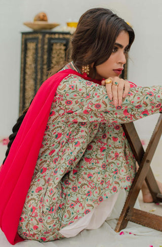 Shopmanto UK, Pakistani urdu calligraphy clothing brand manto UK ready to wear women one piece printed roshni (the spark within) mint and pink urdu long kurta shirt