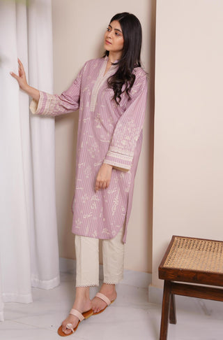 Shopmanto UK, Pakistani urdu calligraphy clothing brand manto UK ready to wear women one piece sukoon (peace) soft lilac eastern long urdu straight shirt kurta