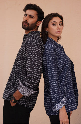 Shopmanto UK, Pakistani urdu calligraphy clothing brand manto UK ready to wear one piece markhor (majestic mountain king) black button down textured over shirt