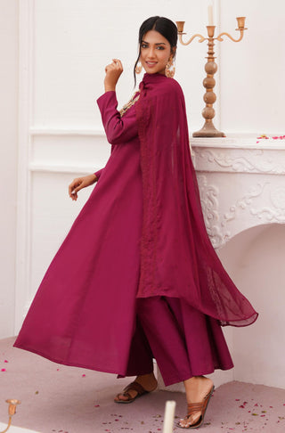 Shopmanto UK, manto UK, manto pakistani clothing brand, urdu calligraphy clothes, gown with dupatta, manto UK ready to wear three piece wine red jahaan (universe) anarkali coord set with long frock with pockets straight pants and chiffon dupatta for women, festive collection pakistani clothes