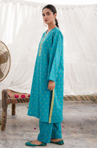 Shopmanto UK, Pakistani urdu calligraphy clothing brand manto UK ready to wear women three piece printed cotton qadr (value of appreciation) Turquoise Blue and Fern Green coord set with Turquoise Blue printed long shirt kurta printed straight pants and Fern Green shawl dupatta scarf