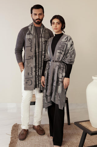 Shopmanto UK, manto pakistani clothing brand, urdu calligraphy clothes, manto UK ready to wear jazba (passion) grey pakistani urdu weaved stole scarf