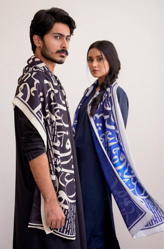 Shopmanto UK, manto pakistani clothing brand, urdu calligraphy clothes, manto UK ready to wear one piece unisex huroof (arabic letter) black silk stole scarf, pakistani urdu textured stole scarf muffler