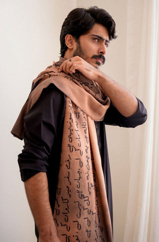 Shopmanto UK, Pakistani urdu calligraphy clothing brand manto UK ready to wear one piece textured karvaan (explorers) light brown stole muffler scarf