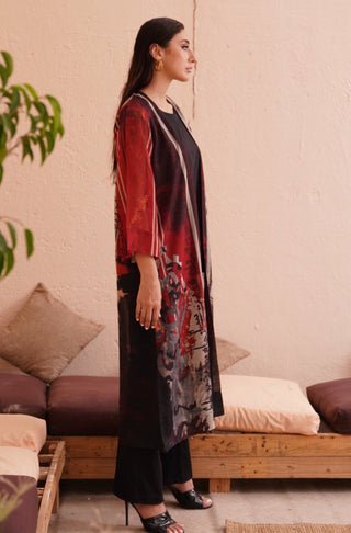 Shopmanto UK, Pakistani urdu calligraphy clothing brand manto UK ready to wear women one piece printed qudrat (wonders of nature) red front open outerwear shrug