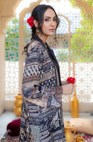 Shopmanto UK, Pakistani urdu calligraphy clothing brand manto UK ready to wear women one piece taj mahal (symbol of love) black jacquard front open outerwear coat shrug illustrating the story of mumtaz and shah jahan