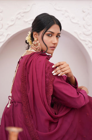 Shopmanto UK, manto UK, manto pakistani clothing brand, urdu calligraphy clothes, gown with dupatta, manto UK ready to wear three piece wine red jahaan (universe) anarkali coord set with long frock with pockets straight pants and chiffon dupatta for women, festive collection pakistani clothes