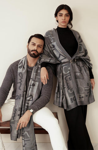 Shopmanto UK, manto pakistani clothing brand, urdu calligraphy clothes, manto UK ready to wear jazba (passion) grey pakistani urdu weaved stole scarf