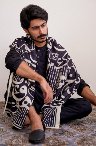 Shopmanto UK, manto pakistani clothing brand, urdu calligraphy clothes, manto UK ready to wear one piece unisex huroof (arabic letter) black silk stole scarf, pakistani urdu textured stole scarf muffler