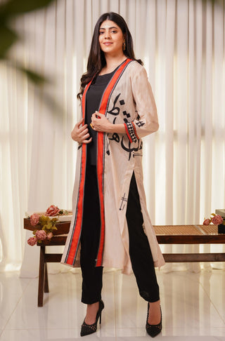 Shopmanto UK, Pakistani urdu calligraphy clothing brand manto UK ready to wear women one piece sooraj (sunshine) Shades of dawn front open urdu outerwear long cape shrug