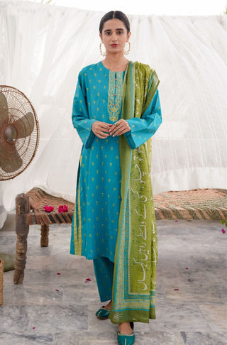 Shopmanto UK, Pakistani urdu calligraphy clothing brand manto UK ready to wear women three piece printed cotton qadr (value of appreciation)  Turquoise Blue and Fern Green coord set with Turquoise Blue printed long shirt kurta printed straight pants and Fern Green shawl dupatta scarf