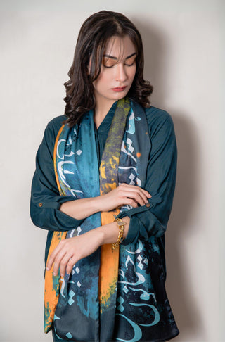 Shopmanto UK, Pakistani urdu calligraphy clothing brand manto UK ready to wear one piece parvaaz (wings of freedom) women crepe silk blue stole scarf