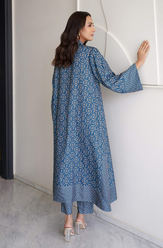 Back detail of Manto Women's Printed Two Piece Teal Crepe Co-Ord Set with Urdu Calligraphy