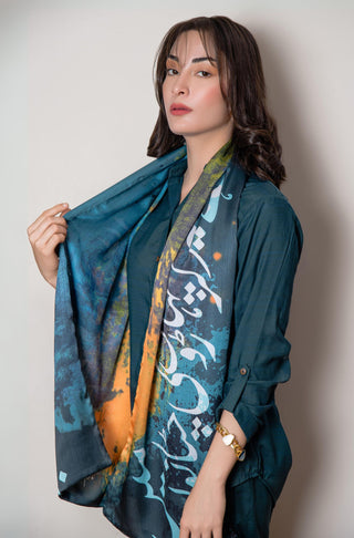 Shopmanto UK, Pakistani urdu calligraphy clothing brand manto UK ready to wear one piece parvaaz (wings of freedom) women crepe silk blue stole scarf