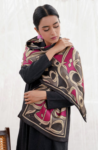 Shopmanto UK, Pakistani urdu calligraphy clothing brand manto UK ready to wear women one piece printed rung (colors of life) black pink silk urdu stole scarf