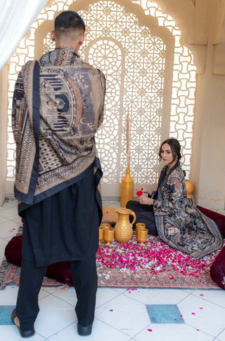 Shopmanto UK, Pakistani urdu calligraphy clothing brand manto UK ready to wear women one piece taj mahal (symbol of love) black jacquard front open outerwear coat shrug illustrating the story of mumtaz and shah jahan