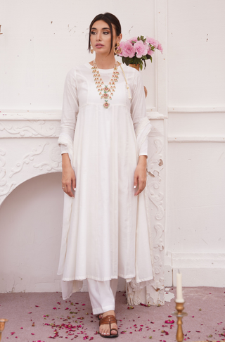 Shopmanto UK, manto UK, manto pakistani clothing brand, urdu calligraphy clothes, gown with dupatta, manto UK ready to wear three piece cloud white jahaan (universe) anarkali coord set with long frock with pockets straight pants and chiffon dupatta for women, festive collection pakistani clothes