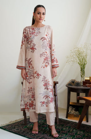 Shopmanto UK, manto UK, manto pakistani clothing brand, manto pakistan, urdu calligraphy clothes, manto UK women two piece antique beige chaman (garden) crepe coord set with long shirt and straight pants, manto crepe collection