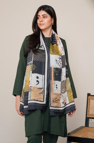 Shopmanto UK, Pakistani urdu calligraphy clothing brand manto UK ready to wear women one piece safar (journey of life) green and black urdu crepe silk stole