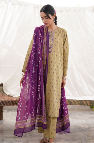 Shopmanto UK, Pakistani urdu calligraphy clothing brand manto UK ready to wear women three piece printed cotton qadr (value of appreciation) olive green and dark purple coord set with olive green printed long shirt kurta printed straight pants and dark purple shawl dupatta scarf