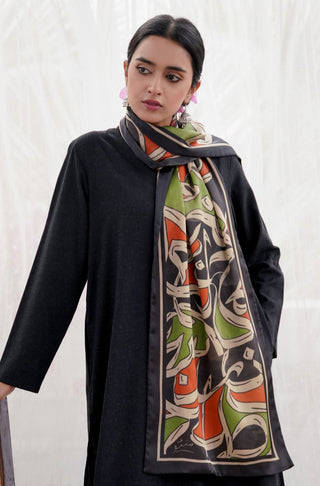 Shopmanto UK, Pakistani urdu calligraphy clothing brand manto UK ready to wear women one piece printed rung (colors of life) green orange silk urdu stole scarf