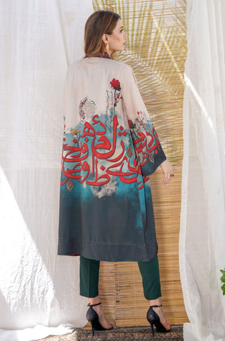 Shopmanto UK, Pakistani urdu calligraphy clothing brand manto UK ready to wear one piece noor (light of grace) shades of forest women long shrug outerwear cape crepe silk