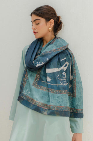 Shopmanto UK, manto UK, manto pakistani clothing brand, urdu calligraphy clothes, manto UK ready to wear falak (sky) shades of sea urdu scarf, pakistani urdu hijab friendly scarf