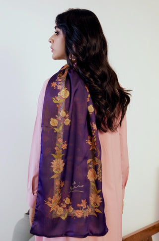 Shopmanto UK, manto pakistani clothing brand, urdu calligraphy clothes, manto UK ready to wear gulnaar (fruit flora) purple urdu silk stole scarf, pakistani urdu silk scarf stole