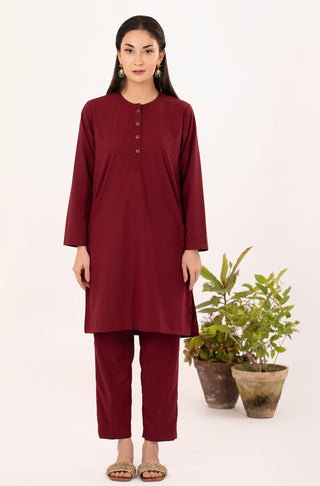 Shopmanto UK, Pakistani urdu calligraphy clothing brand manto UK ready to wear two piece ruby red wash n wear lucknow coord set with long shirt and straight pants